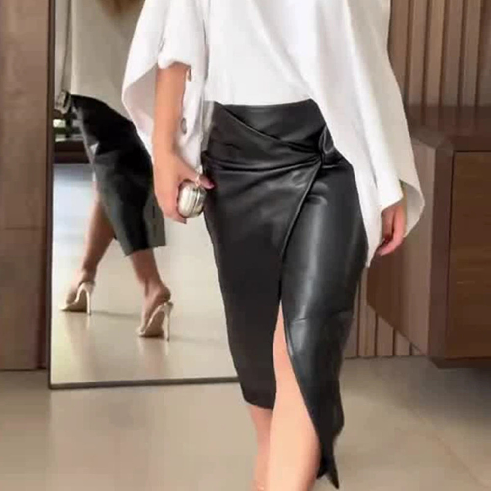 Forever 21 One Shoulder Three Quarter Sleeve Top and Bodycon Leather Skirt Set - Picture 3 of 6